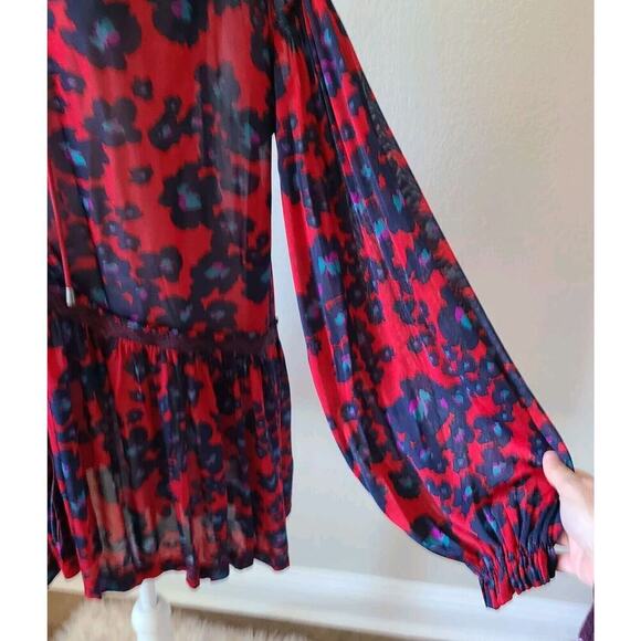 Free People Love Letter Tunic Mini Dress XS Sheer Balloon Sleeves Lace Boho Red - Picture 4 of 11